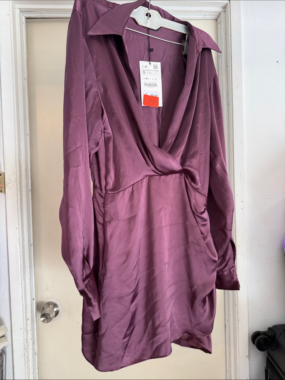 Plum Satin Deep V Long Sleeve Mini Dress